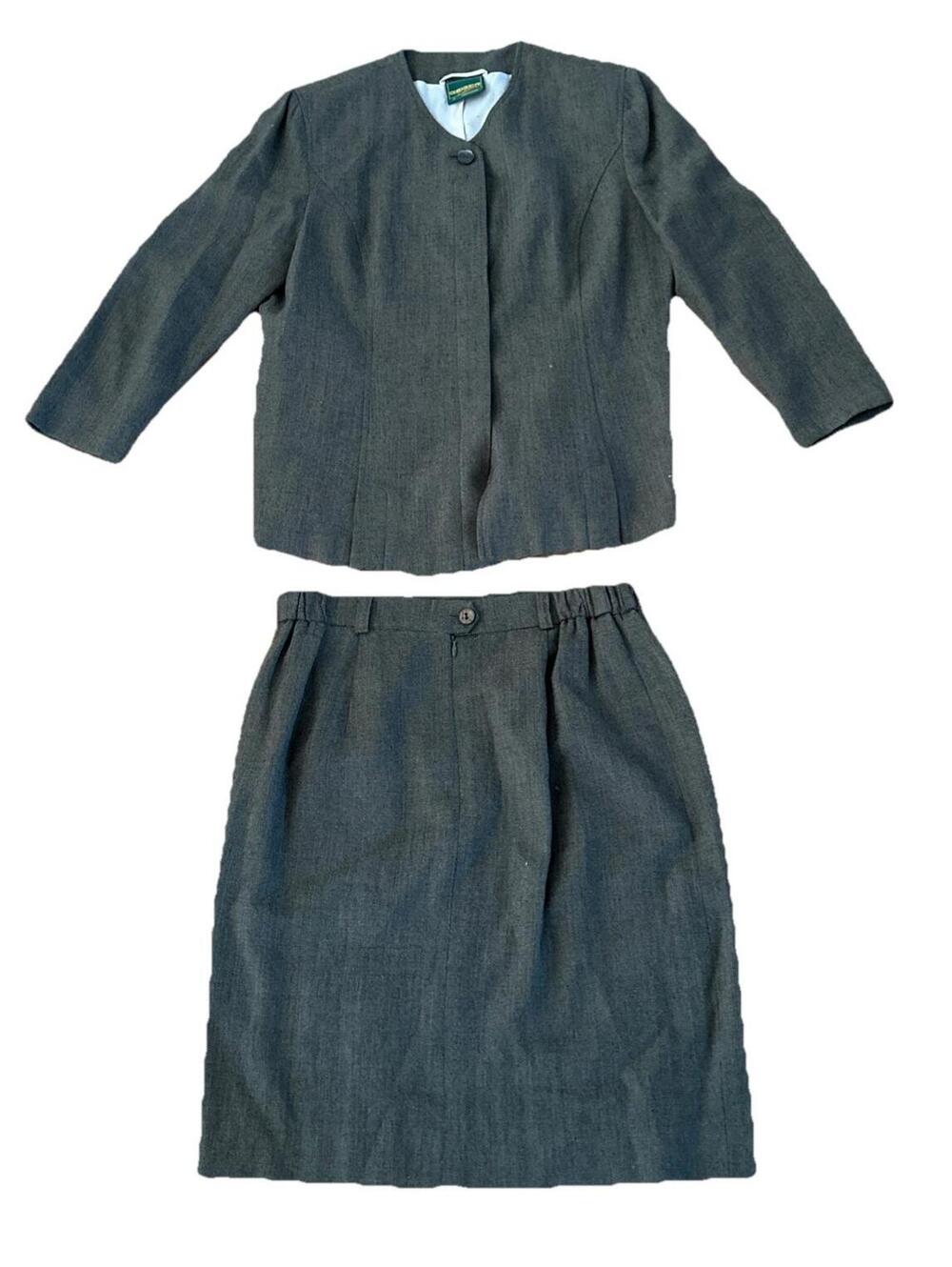 Geiger Austria Wool Do Green 2-pc Suit Button Jacket Midi Skirt Sz 42 Wool Linen